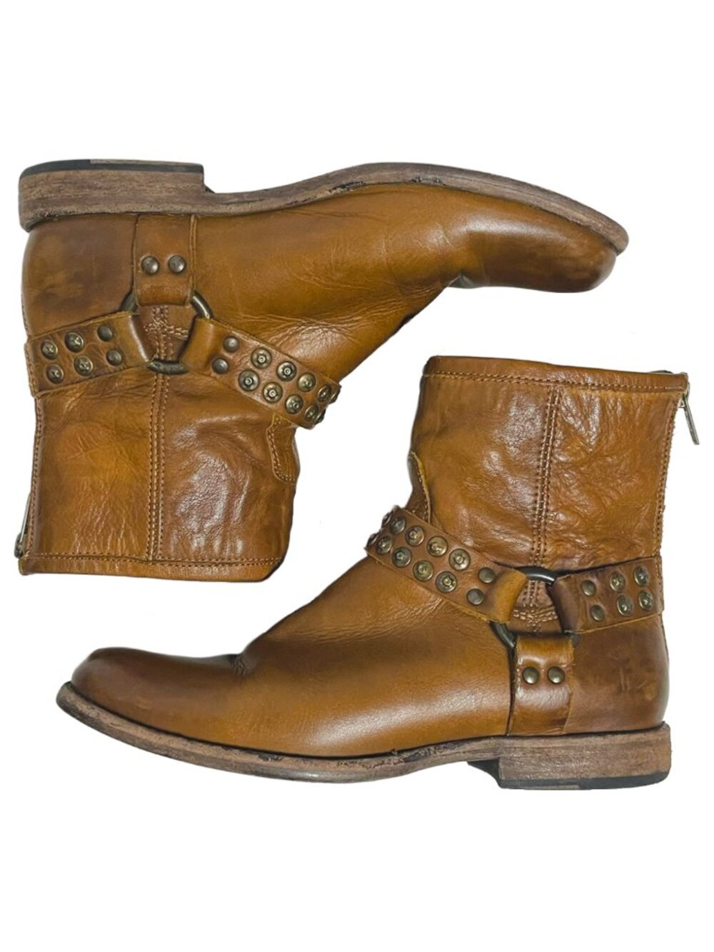 Frye Phillip Studded Harness Short Brown Leather Boots 8.5 - Picture 3 of 10